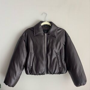 Mango Brown Leather Bomber Jacket